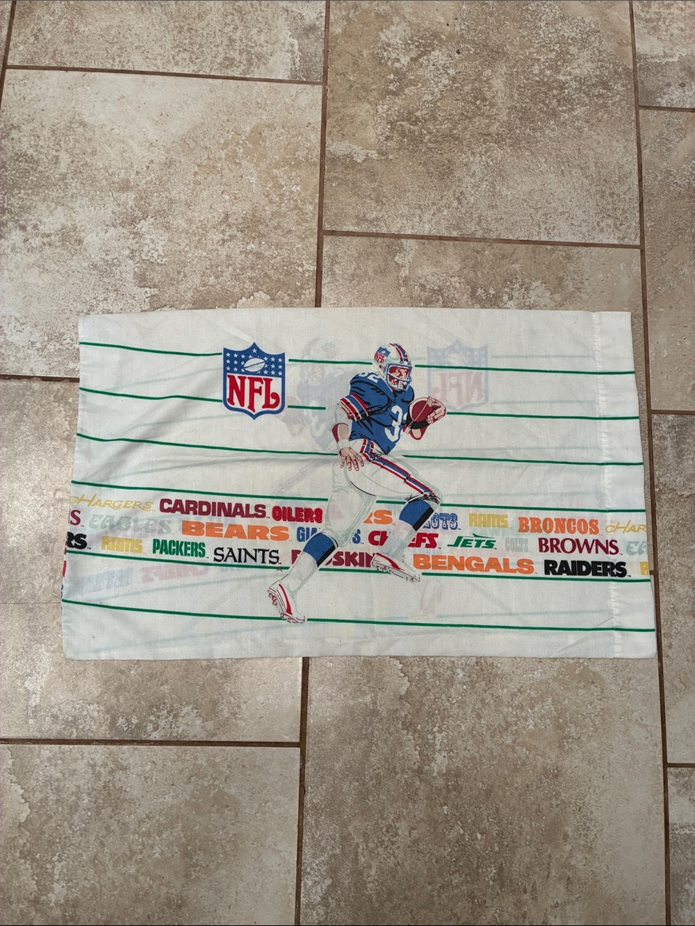 NFL White Pillow Case with Blue Running Player and Green Stripes